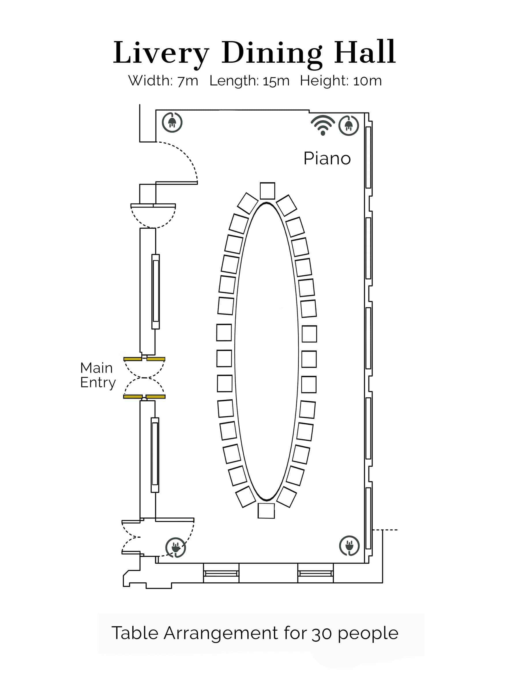 Livery Hall Oval Table Arrangement for 30 people